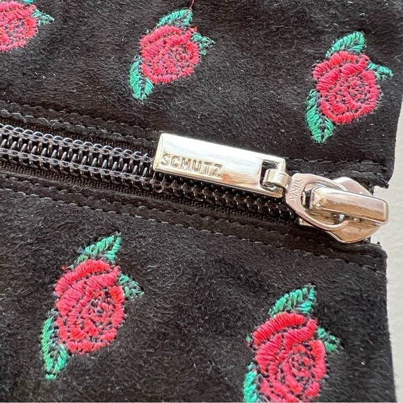 Schutz Black Suede Ankle Boots Booties w/ Embroidered Red Roses & Zip Women’s 6 - Picture 7 of 15